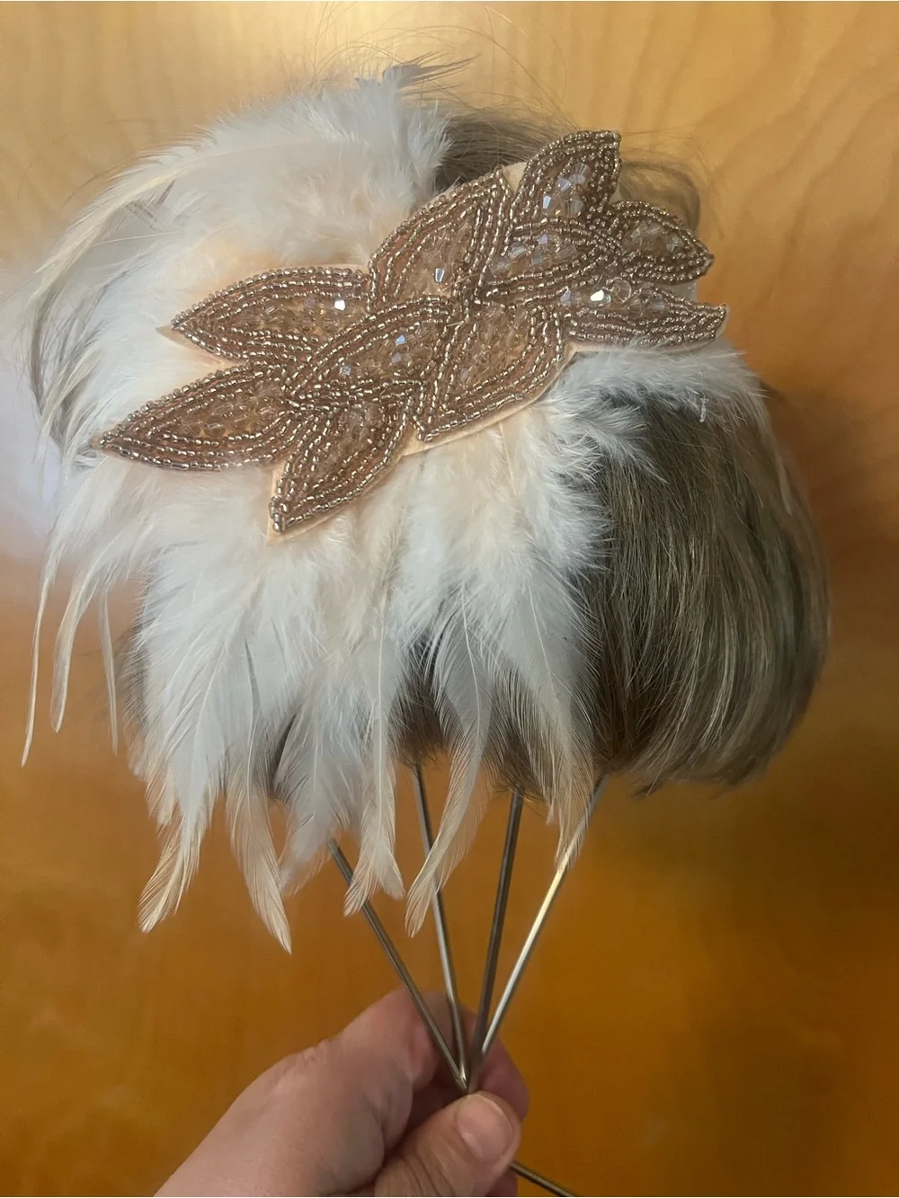 Beaded Feather Bridal Headpiece - Champagne White
